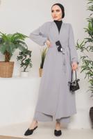 Tesettür giyim GRİ BELİ BAĞLAMALI MANŞETLERİ LASTİKLİ KAP 9800 