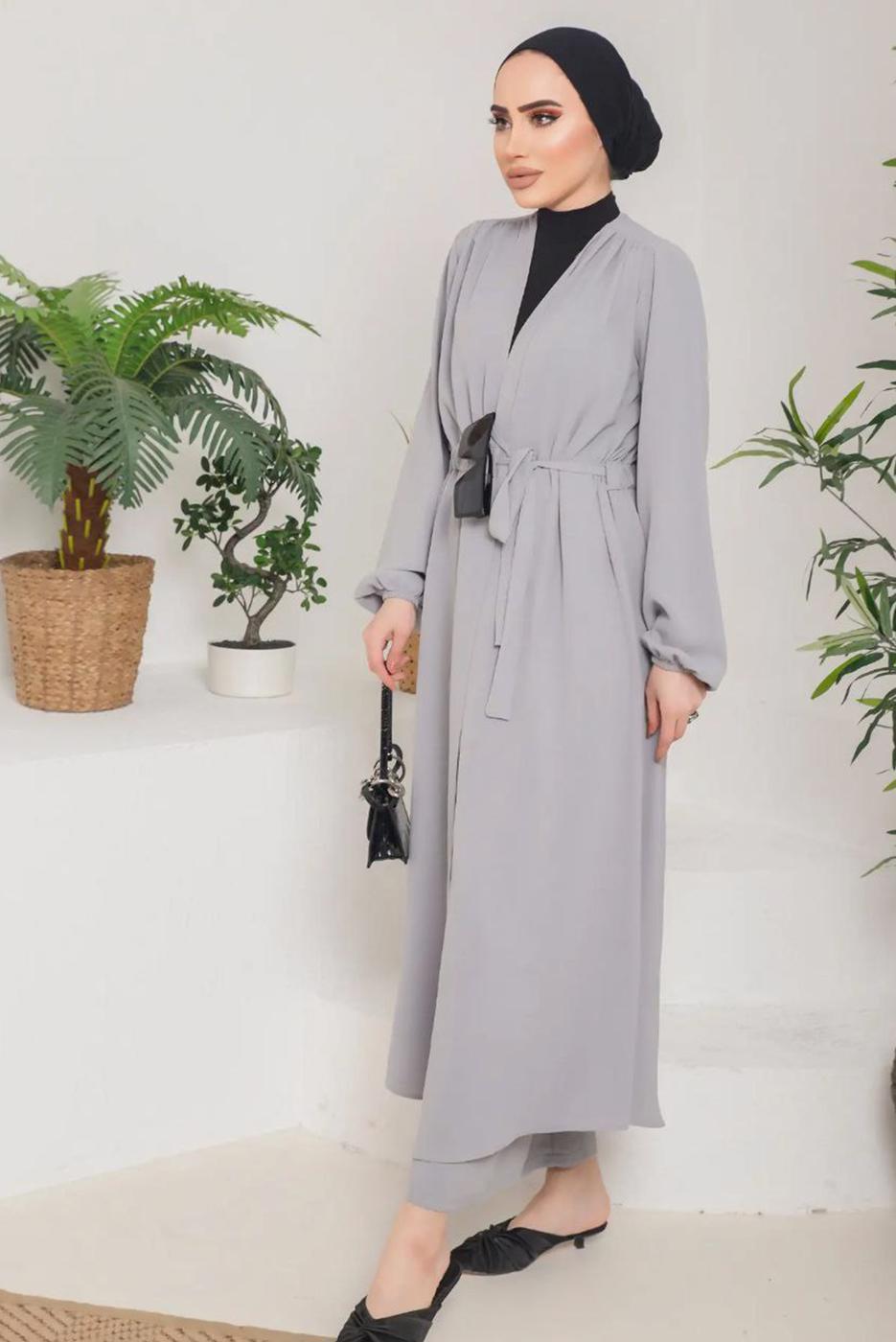 Tesettür giyim GRİ BELİ BAĞLAMALI MANŞETLERİ LASTİKLİ KAP 9800 
