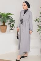Tesettür giyim GRİ BELİ BAĞLAMALI MANŞETLERİ LASTİKLİ KAP 9800 