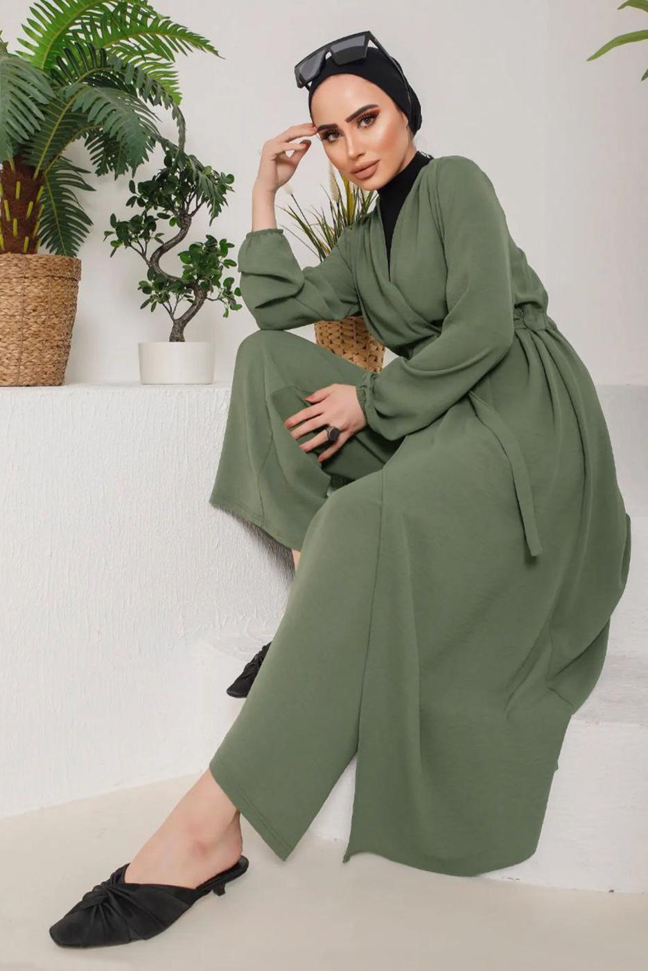 Vêtements hijab KAKI VESTE CEINTURÉE AVEC POIGNETS ÉLASTIQUE 9800