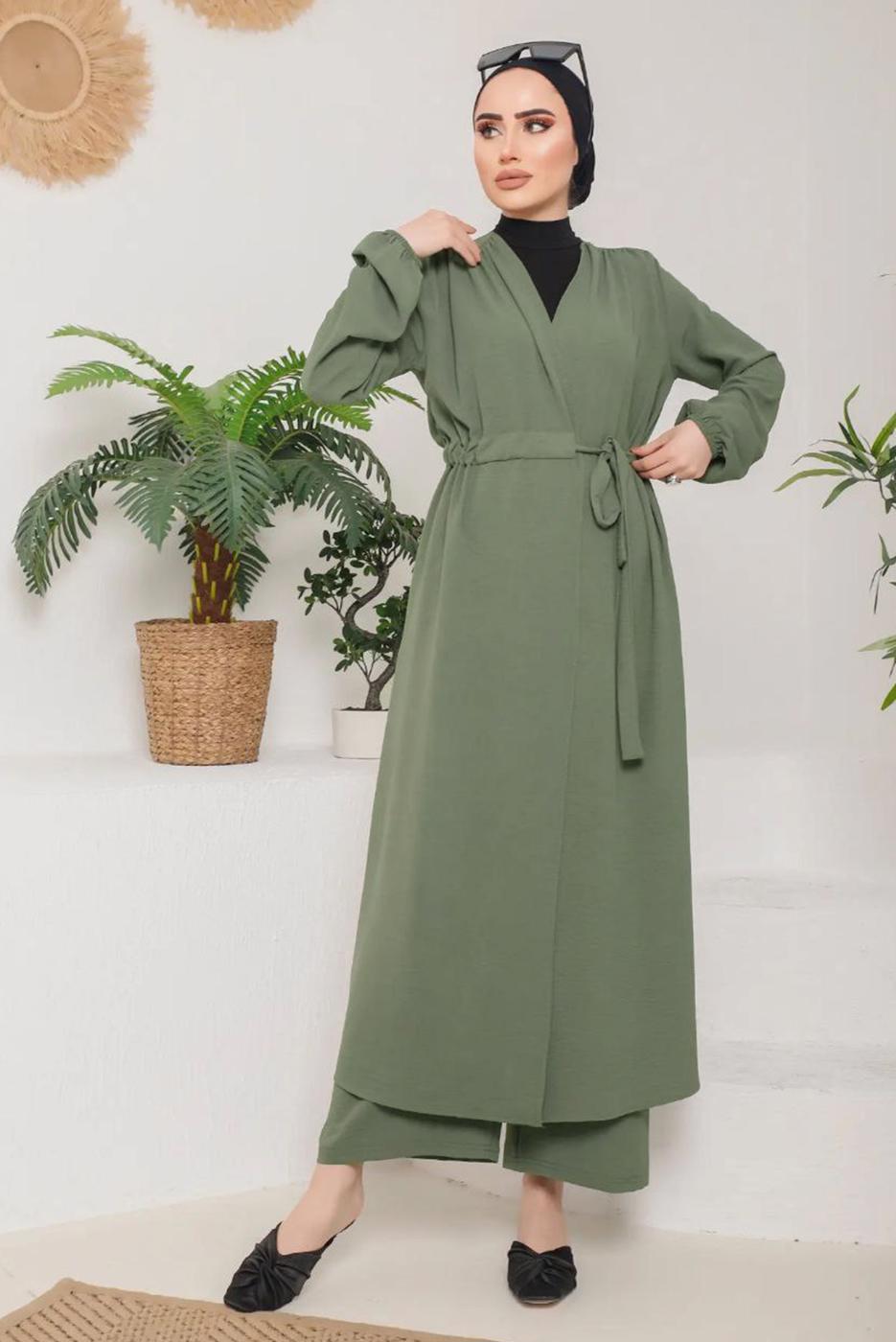 Vêtements hijab KAKI VESTE CEINTURÉE AVEC POIGNETS ÉLASTIQUE 9800