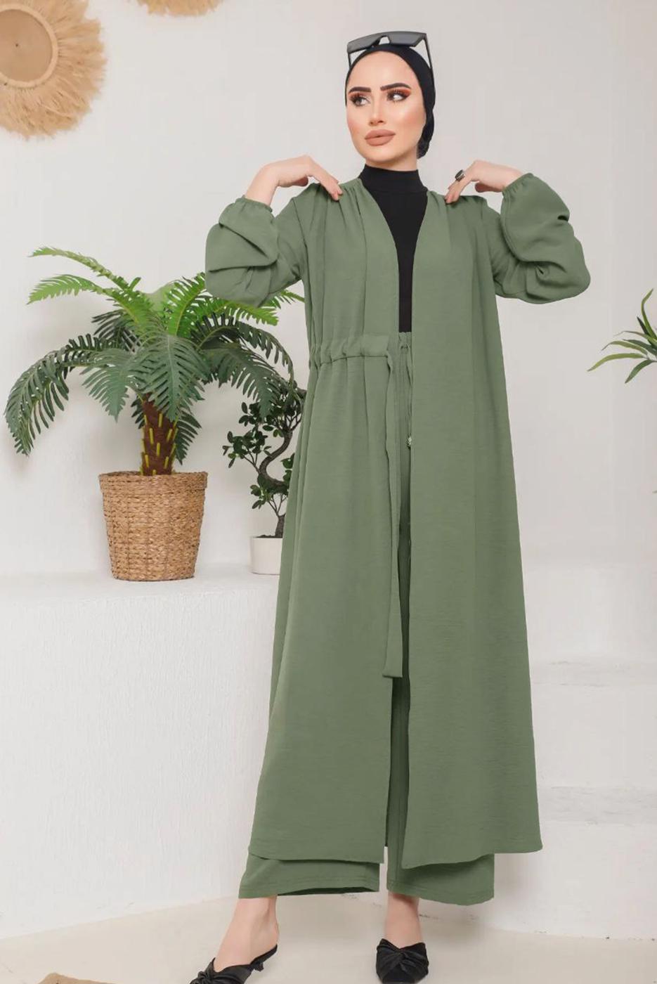 Vêtements hijab KAKI VESTE CEINTURÉE AVEC POIGNETS ÉLASTIQUE 9800