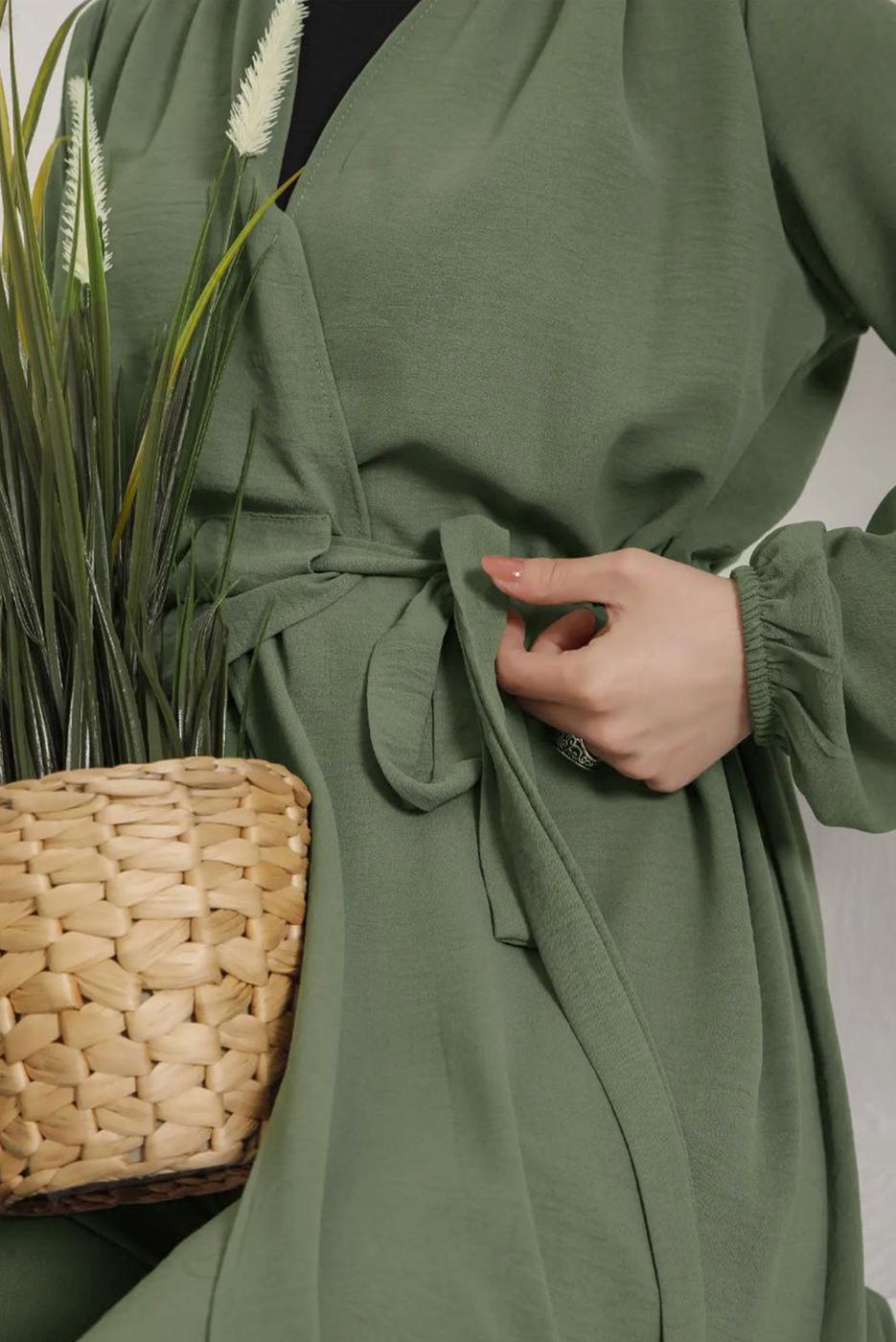 Vêtements hijab KAKI VESTE CEINTURÉE AVEC POIGNETS ÉLASTIQUE 9800