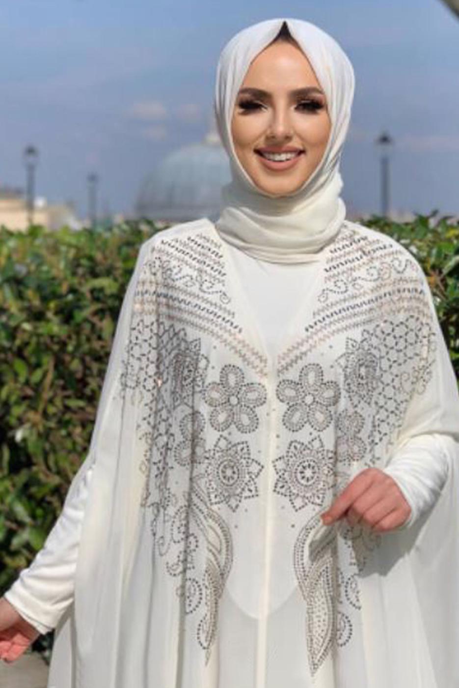 Vêtements hijab ÉCRU COSTUME MANTEAU DÉTAILLÉ EN PIERRE T 1563