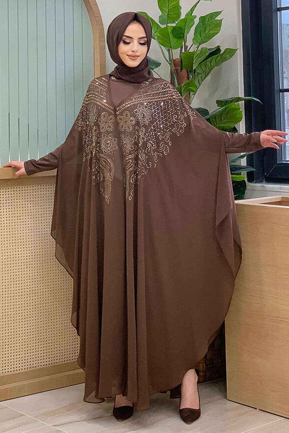 Vêtements hijab BRUN COSTUME MANTEAU DÉTAILLÉ EN PIERRE T 1563