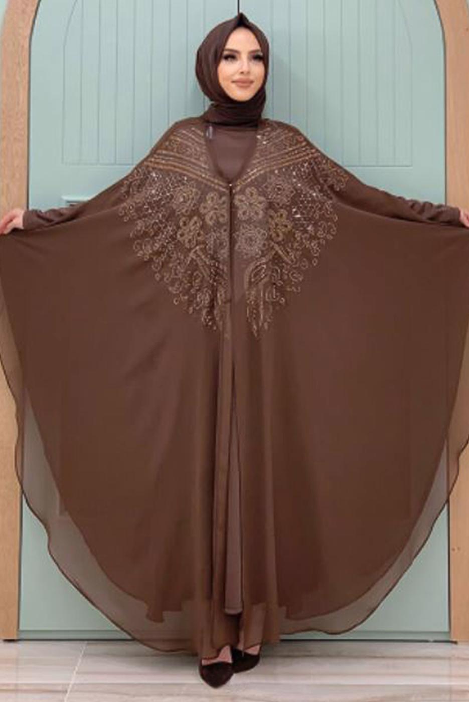 Vêtements hijab BRUN COSTUME MANTEAU DÉTAILLÉ EN PIERRE T 1563