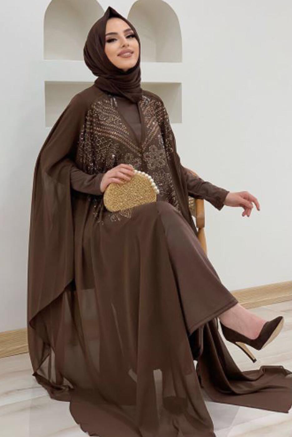 Vêtements hijab BRUN COSTUME MANTEAU DÉTAILLÉ EN PIERRE T 1563