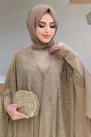 Tesettür giyim VİZON TAŞ DETAYLI PELERİNLİ ELBİSELİ TAKIM T 1563