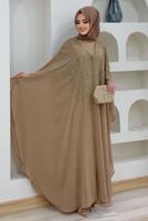 Tesettür giyim VİZON TAŞ DETAYLI PELERİNLİ ELBİSELİ TAKIM T 1563