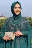 Tesettür giyim YEŞİL TAŞ DETAYLI PELERİNLİ ELBİSELİ TAKIM T 1563