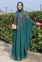 Tesettür giyim YEŞİL TAŞ DETAYLI PELERİNLİ ELBİSELİ TAKIM T 1563
