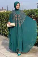 Tesettür giyim YEŞİL TAŞ DETAYLI PELERİNLİ ELBİSELİ TAKIM T 1563