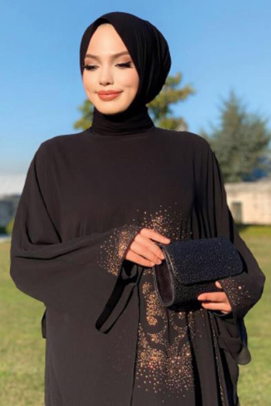 Tesettür giyim SİYAH TAŞ DETAYLI YARASA KOL ELBİSE T 1918