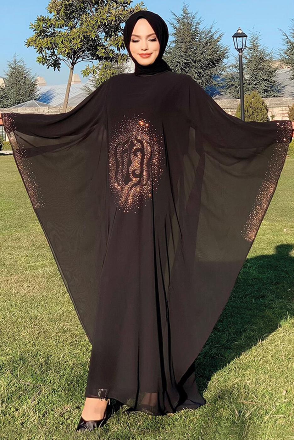 Tesettür giyim SİYAH TAŞ DETAYLI YARASA KOL ELBİSE T 1918