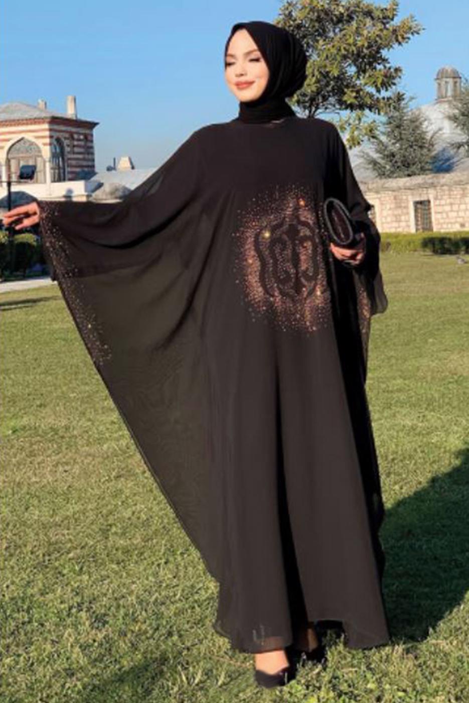 Tesettür giyim SİYAH TAŞ DETAYLI YARASA KOL ELBİSE T 1918