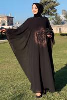 Tesettür giyim SİYAH TAŞ DETAYLI YARASA KOL ELBİSE T 1918