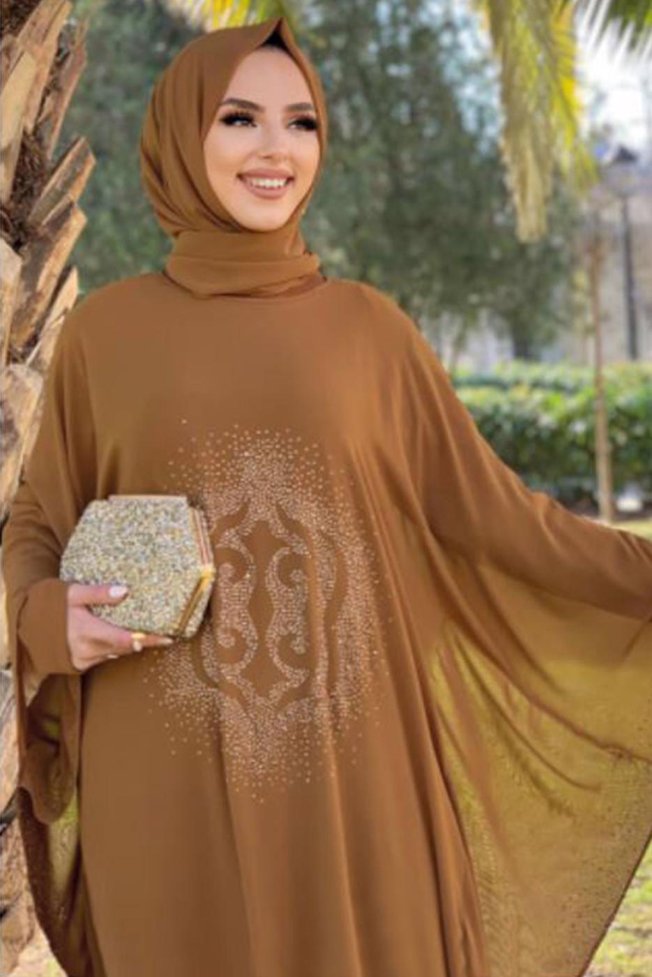 Tesettür giyim TABA TAŞ DETAYLI YARASA KOL ELBİSE T 1918