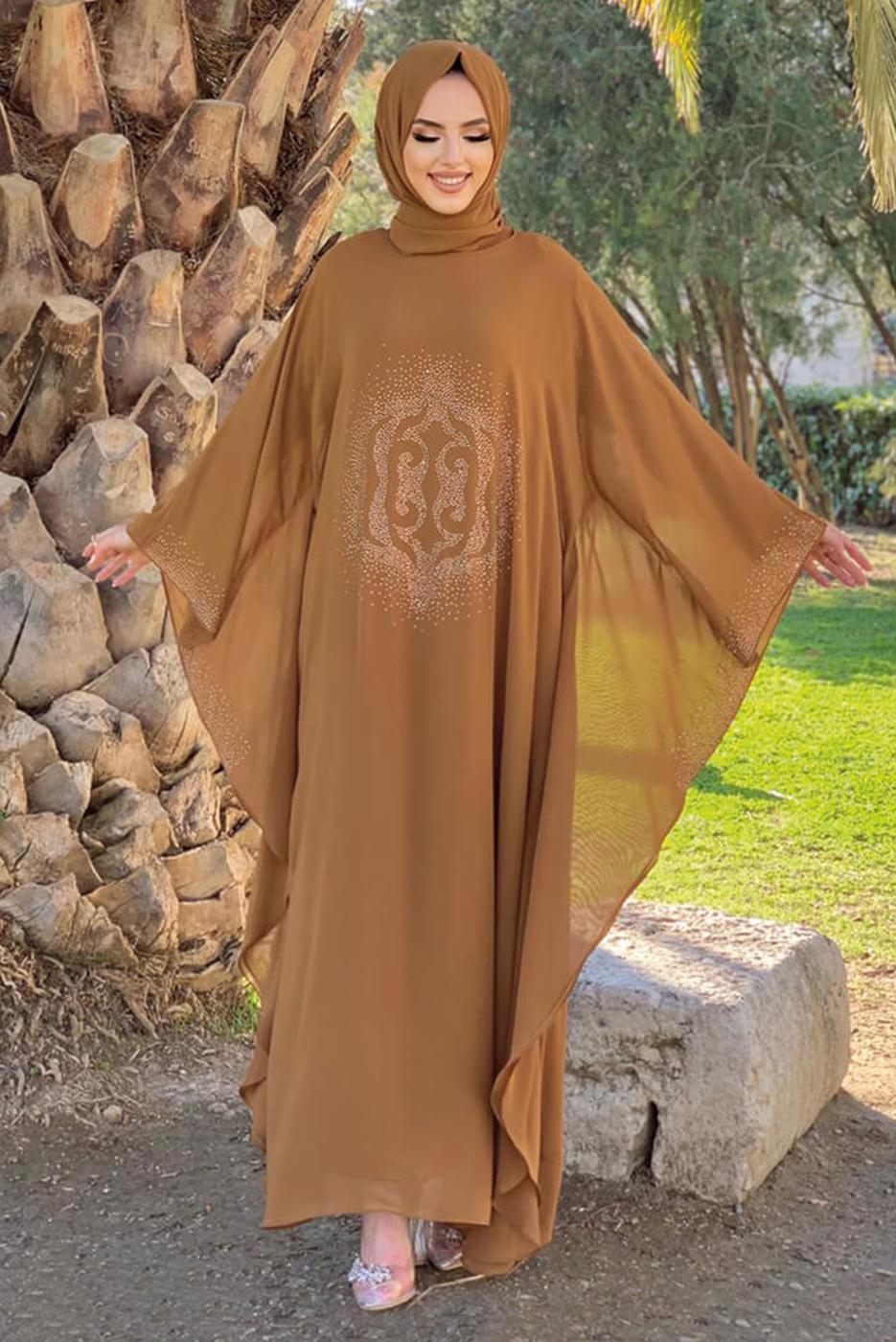 Tesettür giyim TABA TAŞ DETAYLI YARASA KOL ELBİSE T 1918