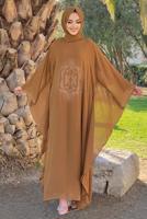 Tesettür giyim TABA TAŞ DETAYLI YARASA KOL ELBİSE T 1918