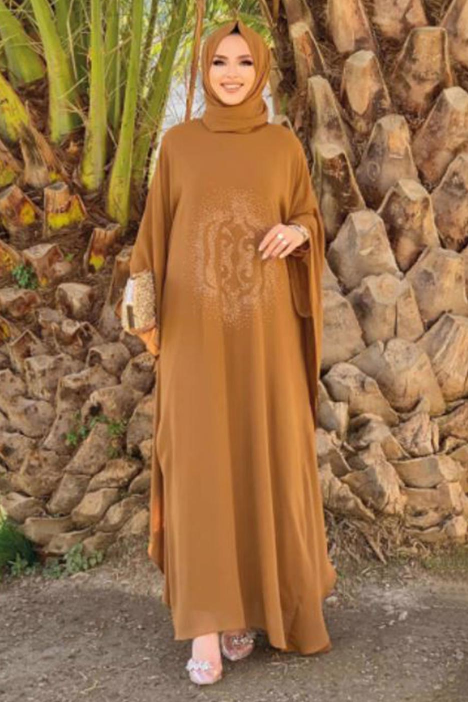 Tesettür giyim TABA TAŞ DETAYLI YARASA KOL ELBİSE T 1918