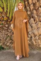 Tesettür giyim TABA TAŞ DETAYLI YARASA KOL ELBİSE T 1918