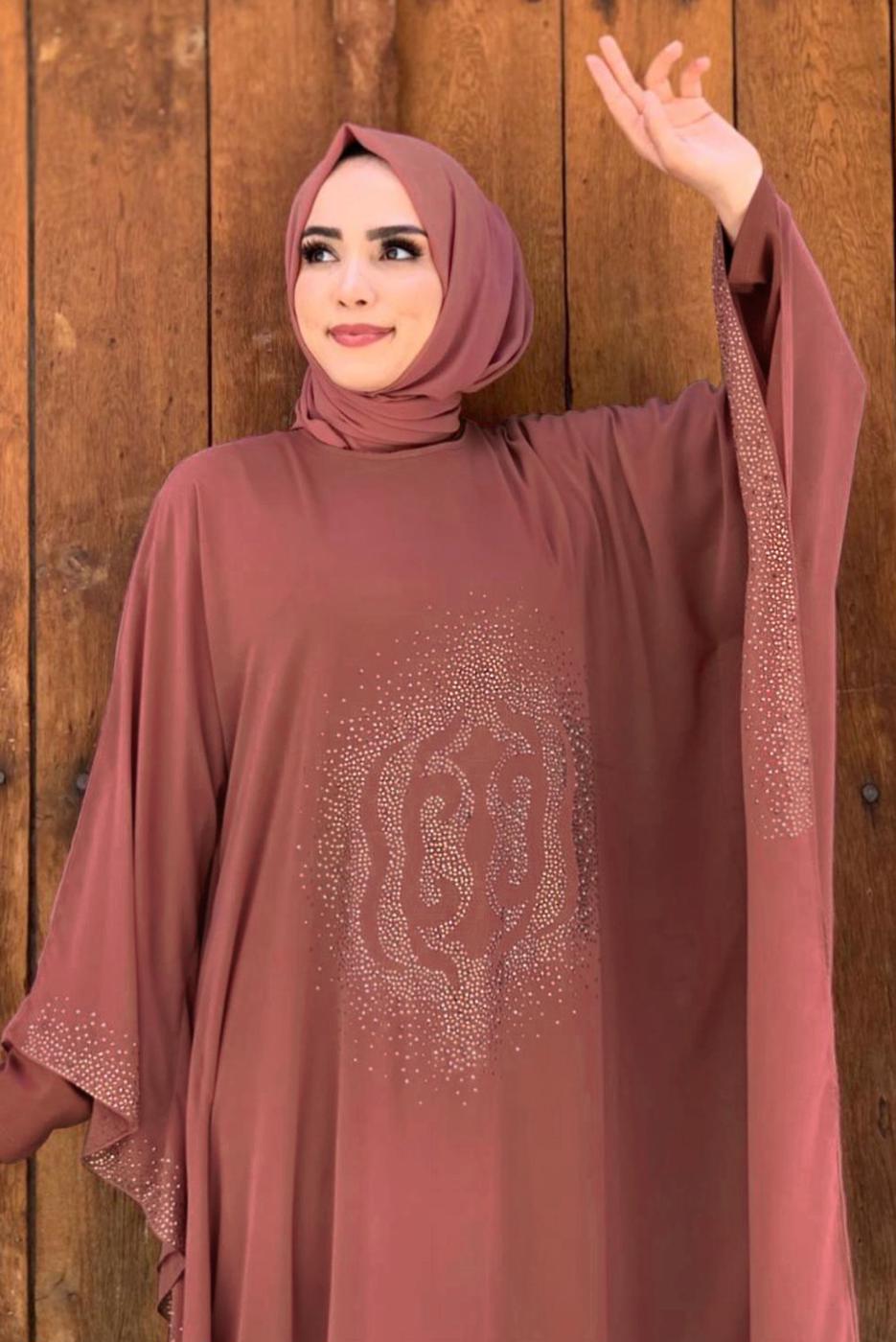 Tesettür giyim PEMBE TAŞ DETAYLI YARASA KOL ELBİSE T 1918