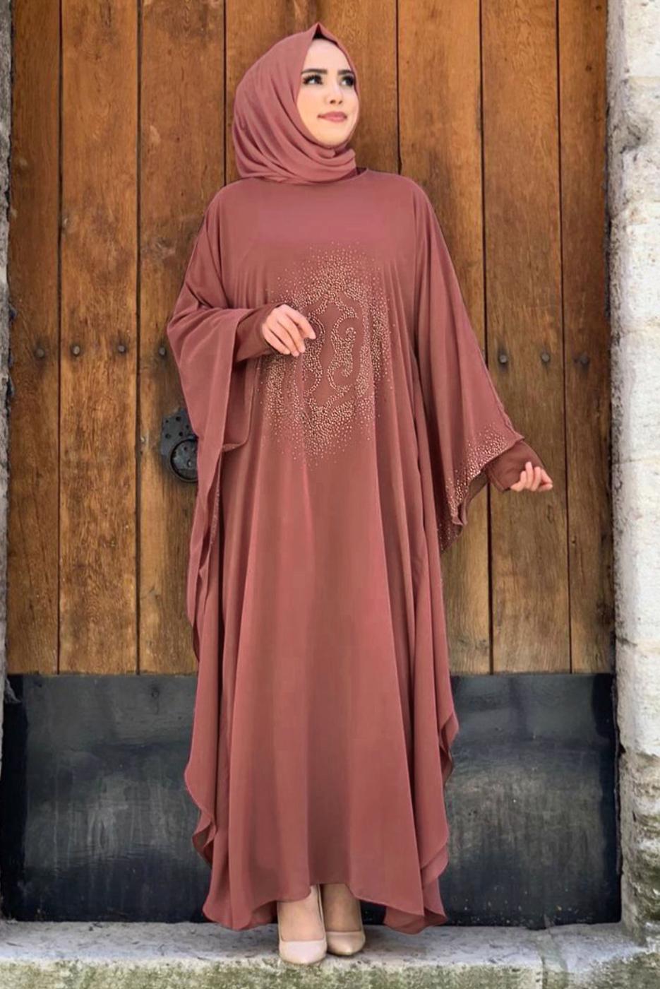 Tesettür giyim PEMBE TAŞ DETAYLI YARASA KOL ELBİSE T 1918