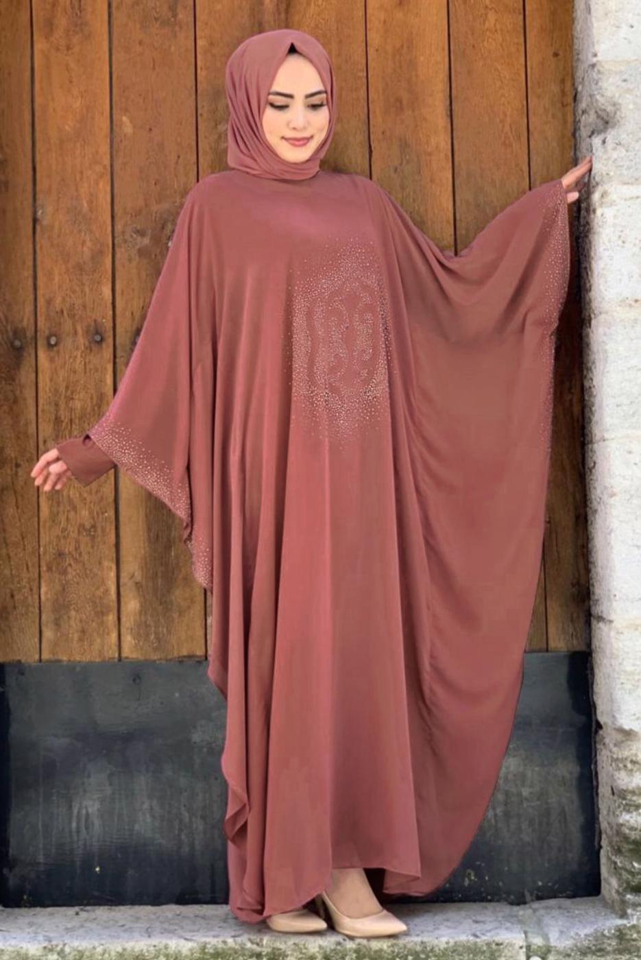 Tesettür giyim PEMBE TAŞ DETAYLI YARASA KOL ELBİSE T 1918