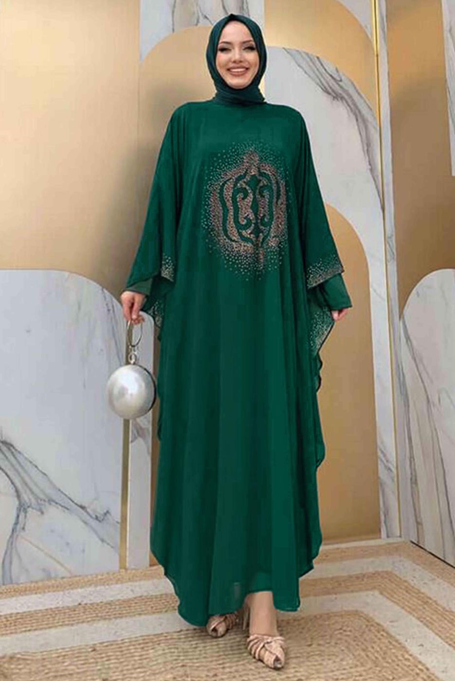Tesettür giyim YEŞİL TAŞ DETAYLI YARASA KOL ELBİSE T 1918