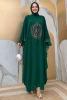Tesettür giyim YEŞİL TAŞ DETAYLI YARASA KOL ELBİSE T 1918