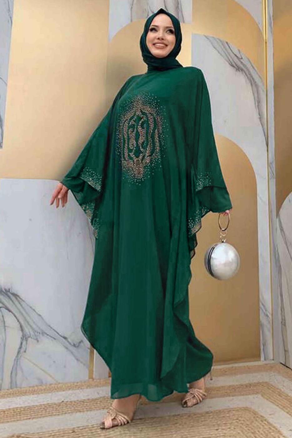Tesettür giyim YEŞİL TAŞ DETAYLI YARASA KOL ELBİSE T 1918