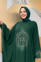 Tesettür giyim YEŞİL TAŞ DETAYLI YARASA KOL ELBİSE T 1918