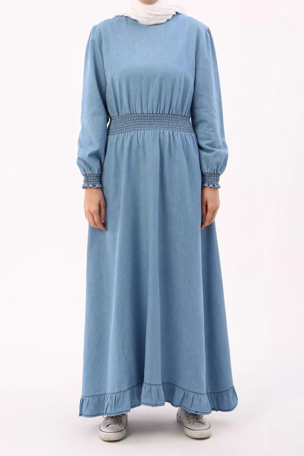 Tesettür giyim MAVİ BELİ VE MANŞETLERİ LASTİKLİ DENİM ELBİSE 00036  - TRENDTESETTÜR