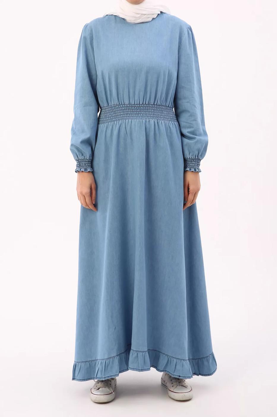 Tesettür giyim MAVİ BELİ VE MANŞETLERİ LASTİKLİ DENİM ELBİSE 00036 