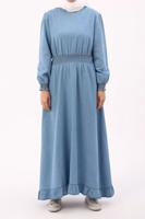 Tesettür giyim MAVİ BELİ VE MANŞETLERİ LASTİKLİ DENİM ELBİSE 00036 
