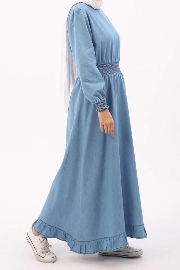 Tesettür giyim MAVİ BELİ VE MANŞETLERİ LASTİKLİ DENİM ELBİSE 00036  - TRENDTESETTÜR