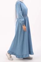 Tesettür giyim MAVİ BELİ VE MANŞETLERİ LASTİKLİ DENİM ELBİSE 00036 