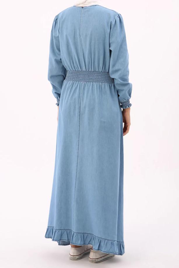 Tesettür giyim MAVİ BELİ VE MANŞETLERİ LASTİKLİ DENİM ELBİSE 00036  - TRENDTESETTÜR