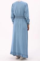 Tesettür giyim MAVİ BELİ VE MANŞETLERİ LASTİKLİ DENİM ELBİSE 00036 