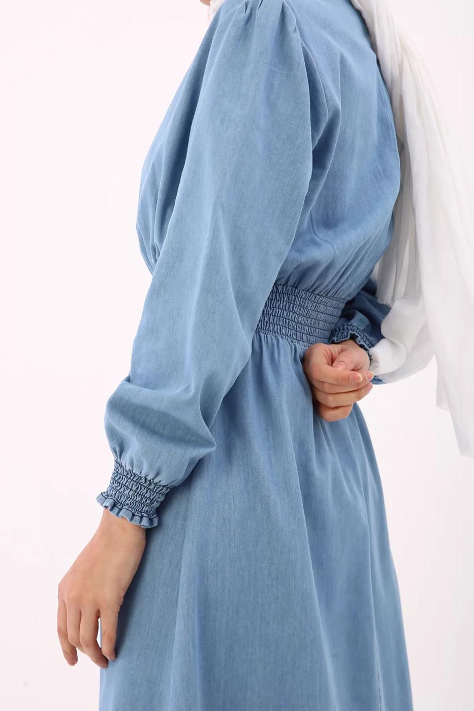 Tesettür giyim MAVİ BELİ VE MANŞETLERİ LASTİKLİ DENİM ELBİSE 00036 