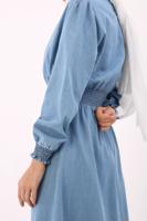 Tesettür giyim MAVİ BELİ VE MANŞETLERİ LASTİKLİ DENİM ELBİSE 00036 