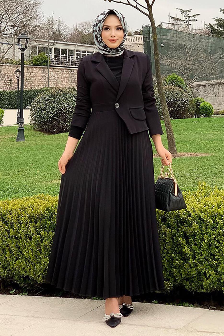 Tesettür giyim SİYAH CEKET GÖRÜNÜMLÜ ELBİSE T 0073