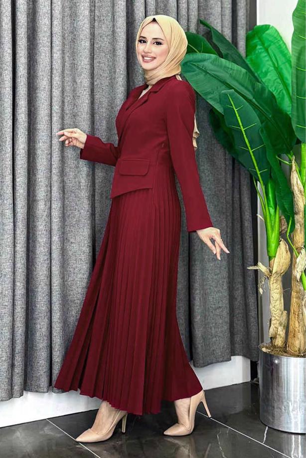 Tesettür giyim BORDO CEKET GÖRÜNÜMLÜ ELBİSE T 0073 - TRENDTESETTÜR