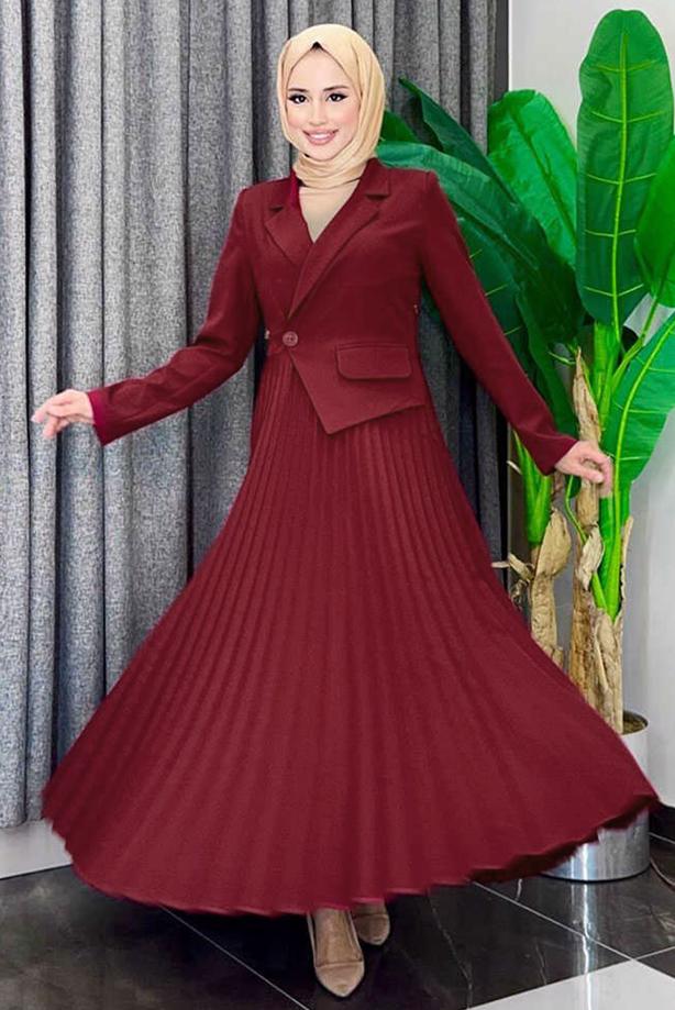 Tesettür giyim BORDO CEKET GÖRÜNÜMLÜ ELBİSE T 0073 - TRENDTESETTÜR