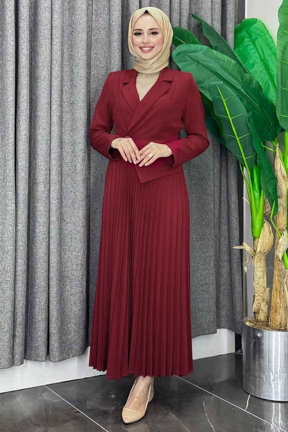 Tesettür giyim BORDO CEKET GÖRÜNÜMLÜ ELBİSE T 0073