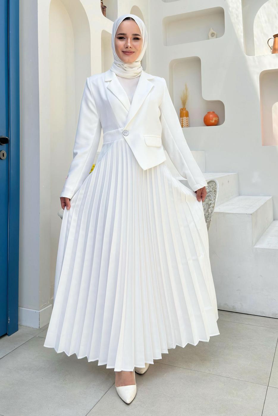 Tesettür giyim EKRU CEKET GÖRÜNÜMLÜ ELBİSE T 0073