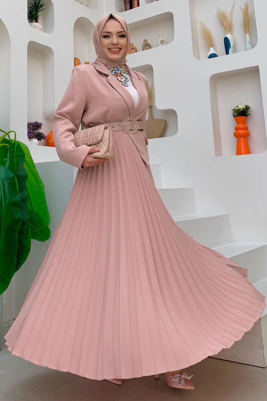 Tesettür giyim PUDRA CEKET GÖRÜNÜMLÜ ELBİSE T 0073