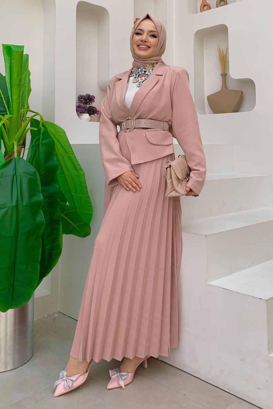 Tesettür giyim PUDRA CEKET GÖRÜNÜMLÜ ELBİSE T 0073