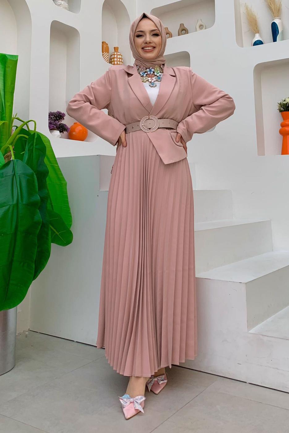 Tesettür giyim PUDRA CEKET GÖRÜNÜMLÜ ELBİSE T 0073