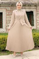 Tesettür giyim BEJ CEKET GÖRÜNÜMLÜ ELBİSE T 0073